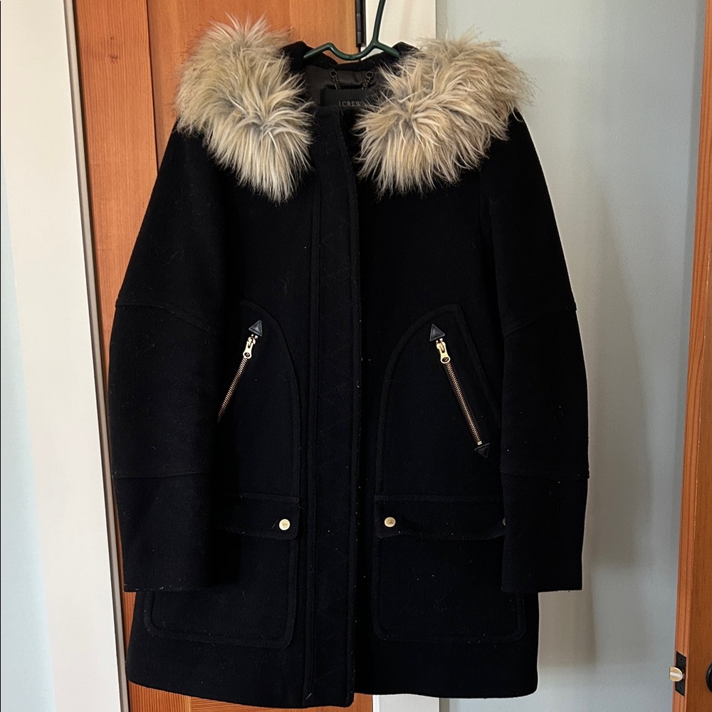 J. Crew Black Wool Stadium  Coat with detachable Faux Fur Collar